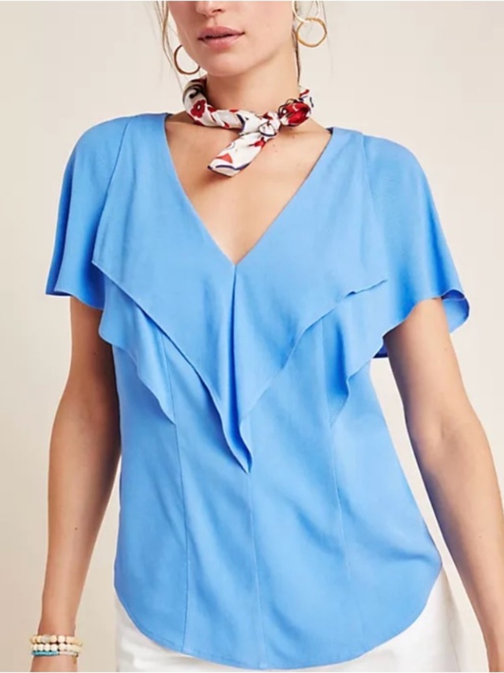 Anthropologie Light Blue Ruffle V-Neck Blouse